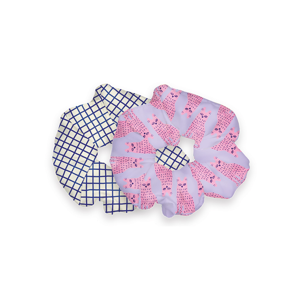 2er-Set Scrunchies – gemusterte Haargummis - "Happy Cat"
